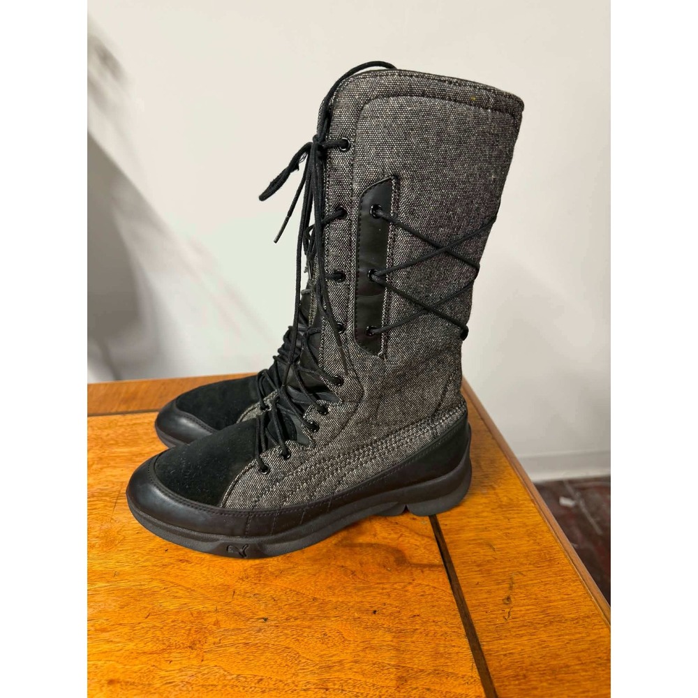 Vtg y2k Puma Womens 7.5 Black Gray Winter Boots Lace Up Tweed Suede 346128 01